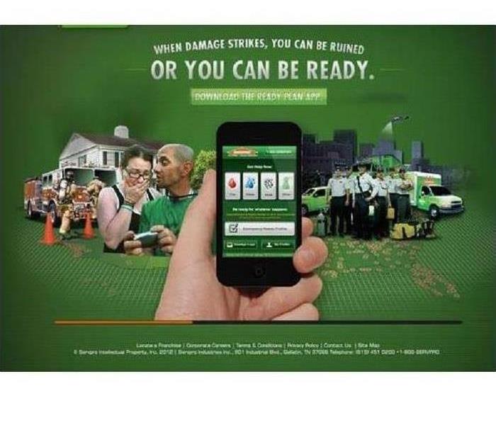 SERVPRO app on a phone surrounded by images of the ready plan helping people.